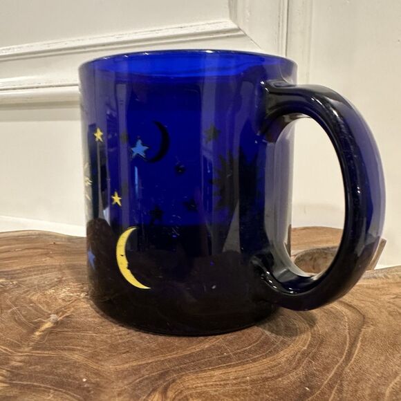 SOLD  Libbey Cobalt Blue Glass 12oz Coffee Mug Celestial Sun Moon Stars Friends - Picture 2 of 8